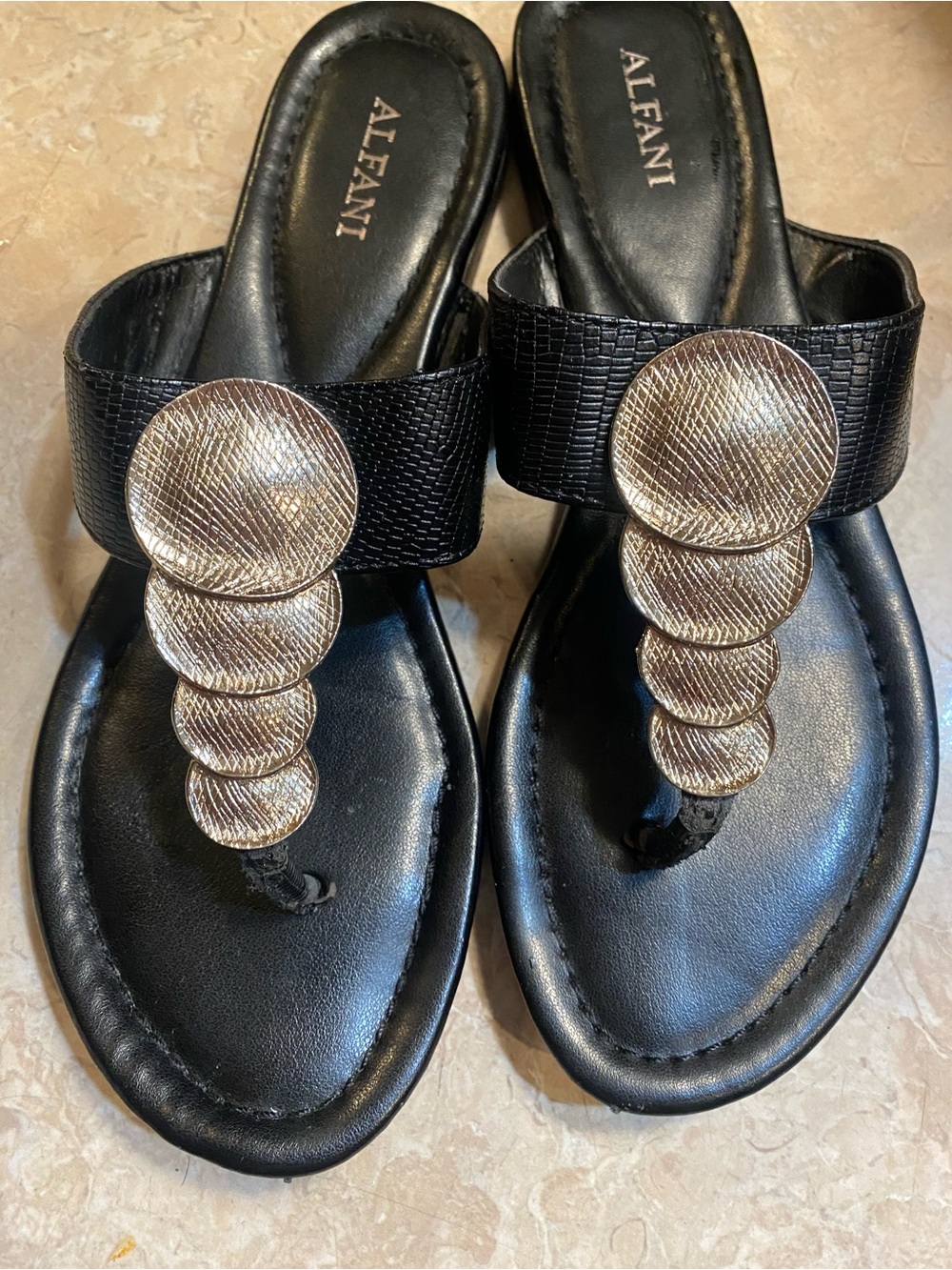 Alfani Black Sandal Thong with Gold Disc Accents
